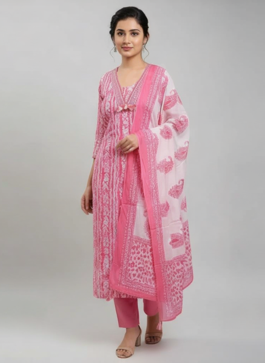 Pink Printed Kurta Set with Dupatta for Women | Ethnic Straight Kurti Pant Set | Festive & Office Wear Suit