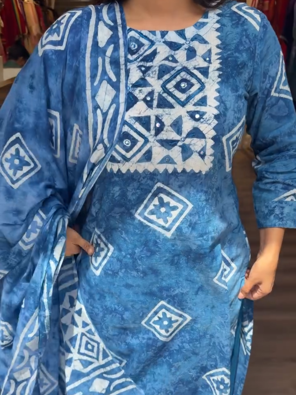 Blue Abstract Printed Lawn Suit with Dupatta for Women