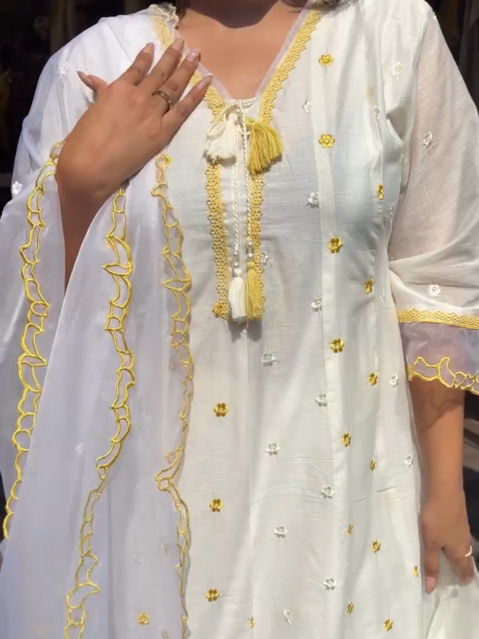 White & Sunshine Yellow Embroidered Kurta Set with Dupatta – Women's 3 Piece Ethnic Suit Set