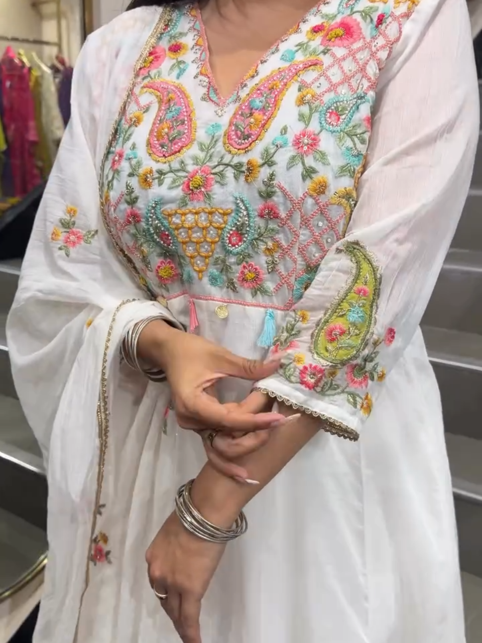 Women's White Embroidered Anarkali Suit Set with Dupatta | Floral Ethnic Party Wear
