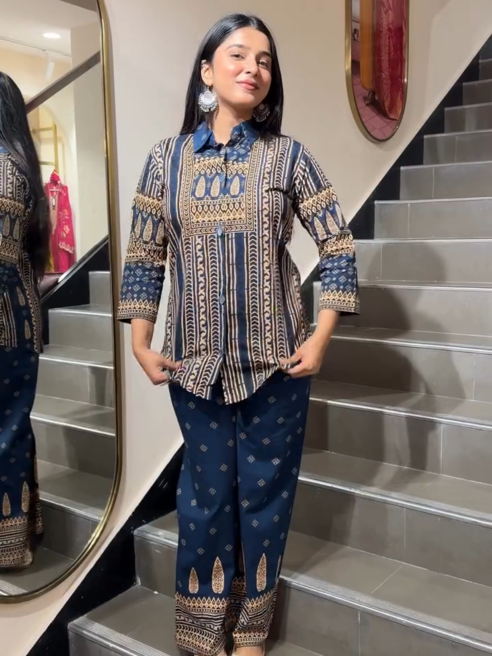 Midnight Blue Ethnic Printed Co-Ord Set for Women