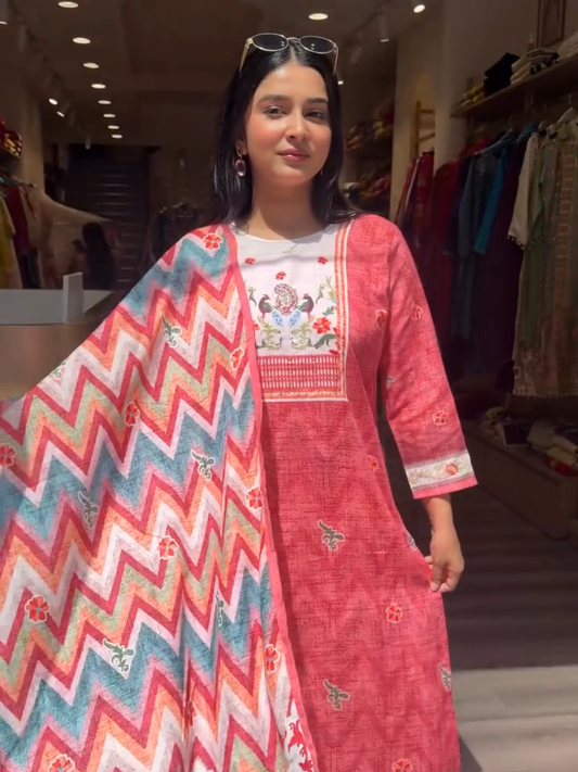 Red Printed Kurta Set with Chevron Dupatta for Women | Festive Ethnic Wear