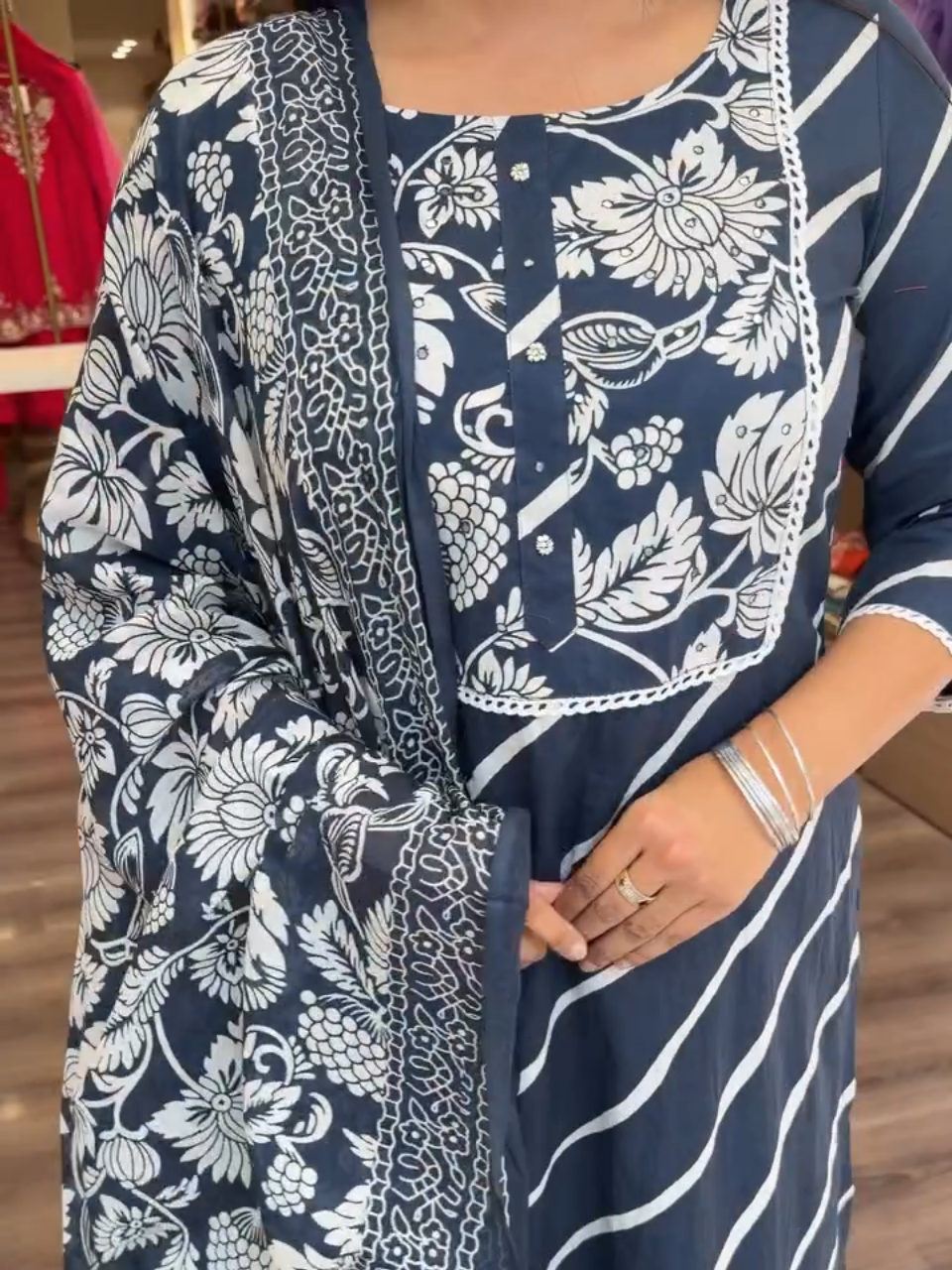 Midnight Blue Floral Printed Kurta Set with Statement Dupatta – Women's 3 Piece Ethnic Suit Set