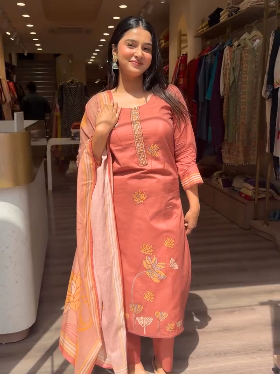 Rust Pink Floral Printed Suit with Dupatta for Women