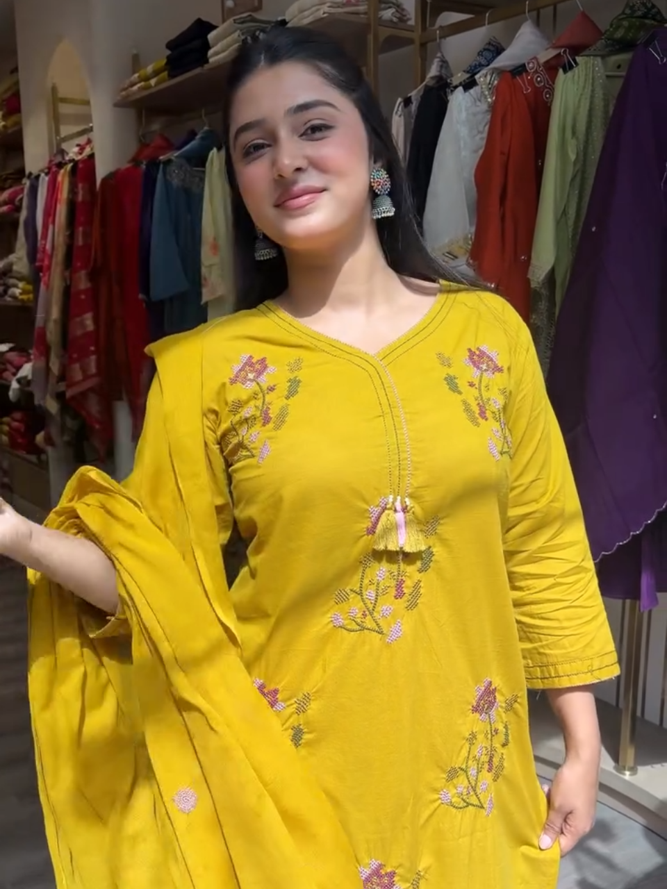 Mustard Yellow Embroidered Kurta Pant Dupatta Set for Women
