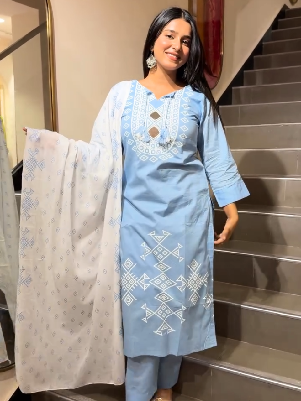 Elegant Sky Blue Printed Cotton Kurta Pant Set with Dupatta for Women