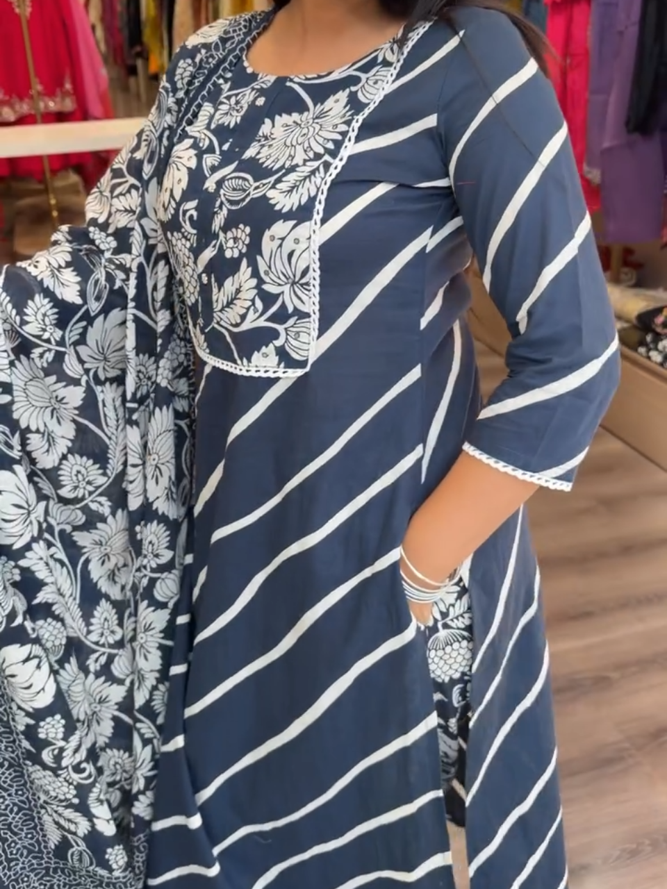 Midnight Blue Floral Printed Kurta Set with Statement Dupatta – Women's 3 Piece Ethnic Suit Set