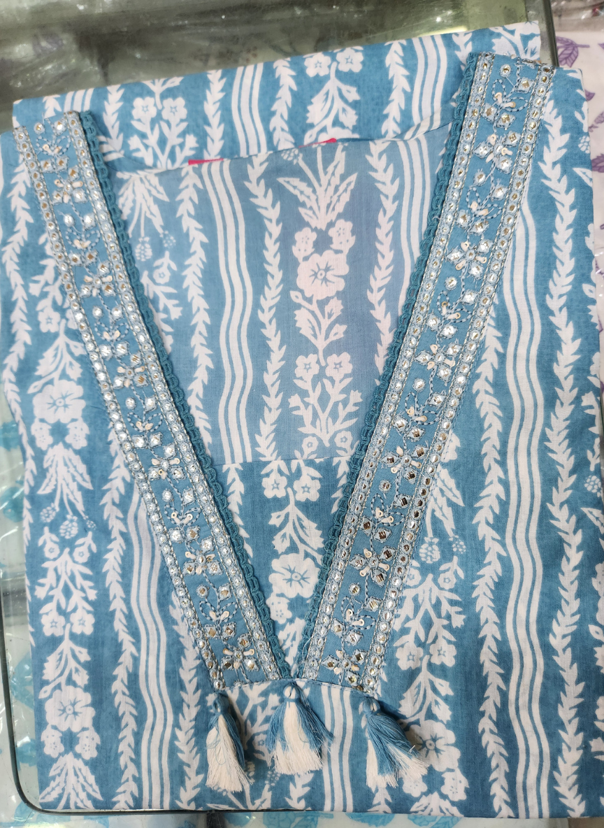 Women Sky Blue Printed Cotton Kurta Pant Dupatta Set