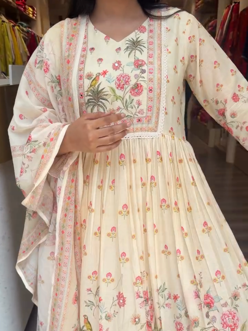 Elegant Floral Anarkali Suit with Dupatta for Women – Cream Pink Ethnic Wear