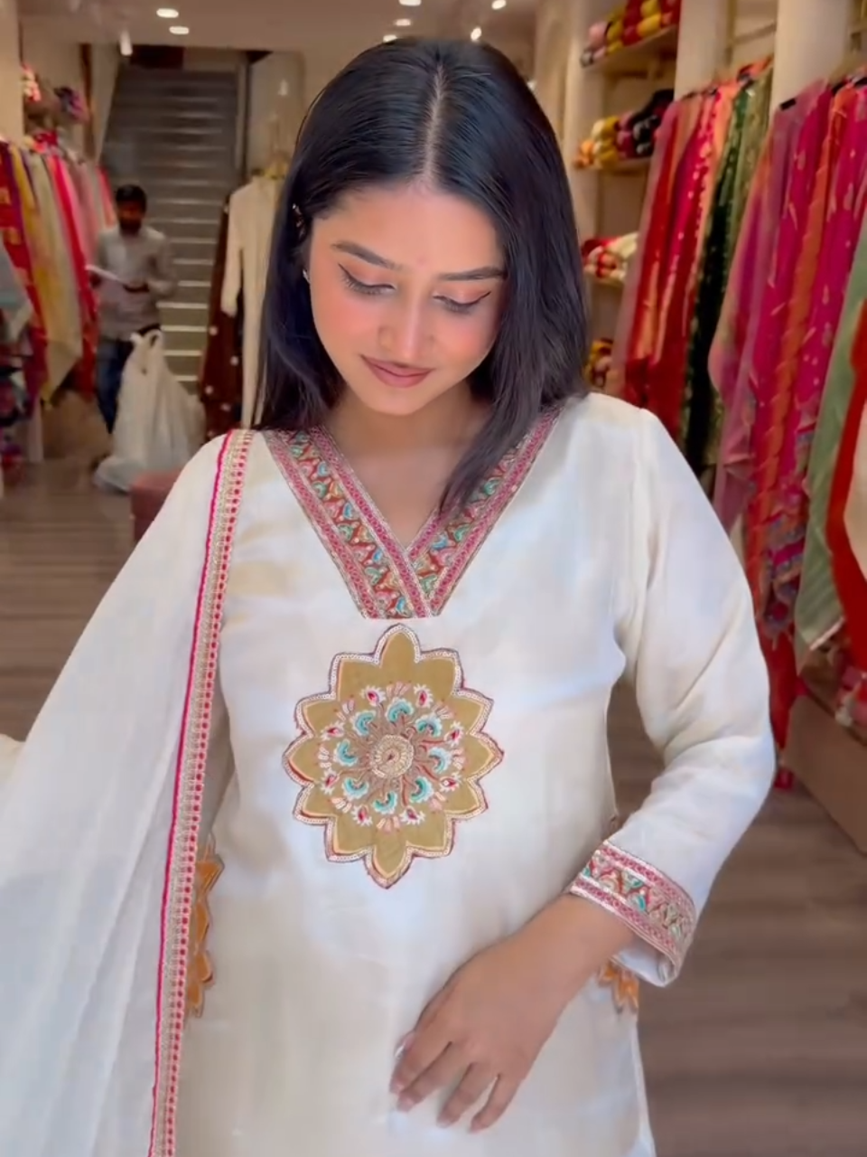 Off White Embroidered Kurta Palazzo Set with Dupatta for Women | Elegant Festive Ethnic Wear