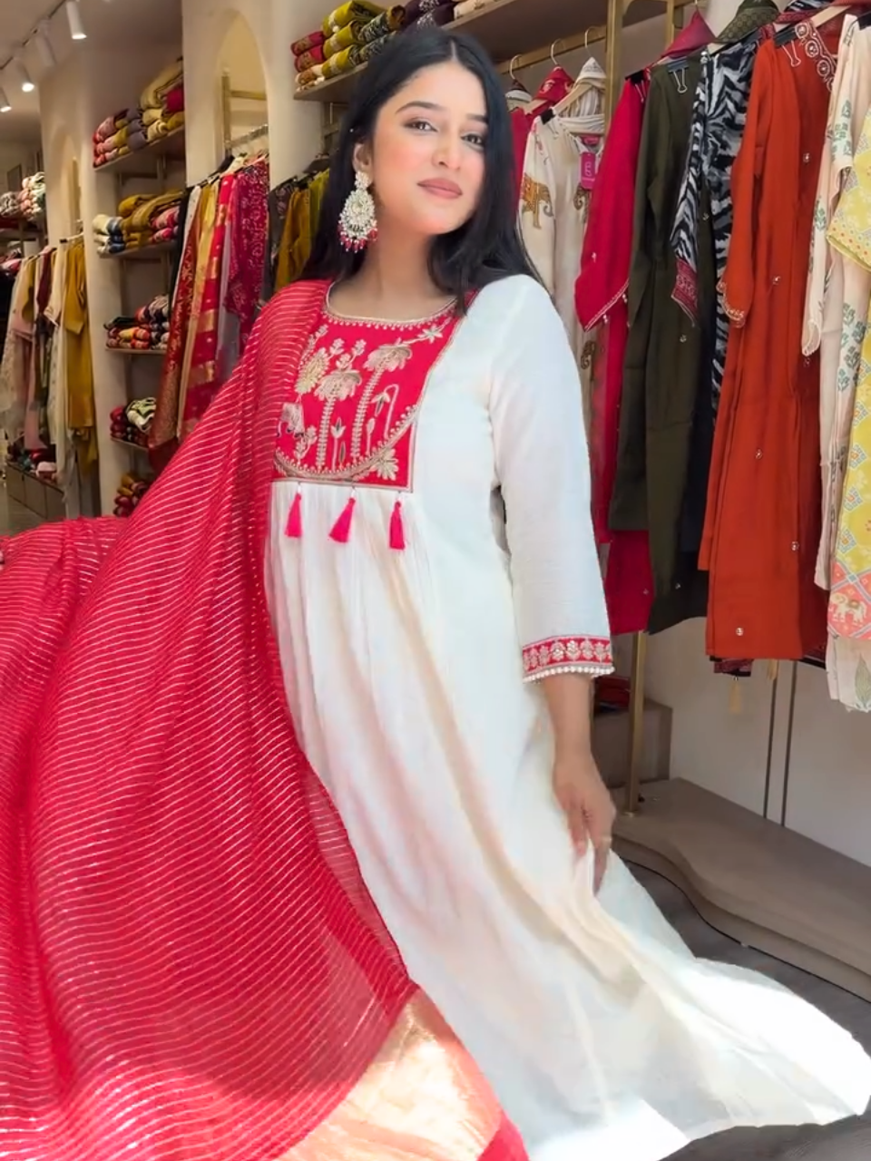 Elegant White & Red Embroidered Anarkali Kurta Set with Dupatta for Women