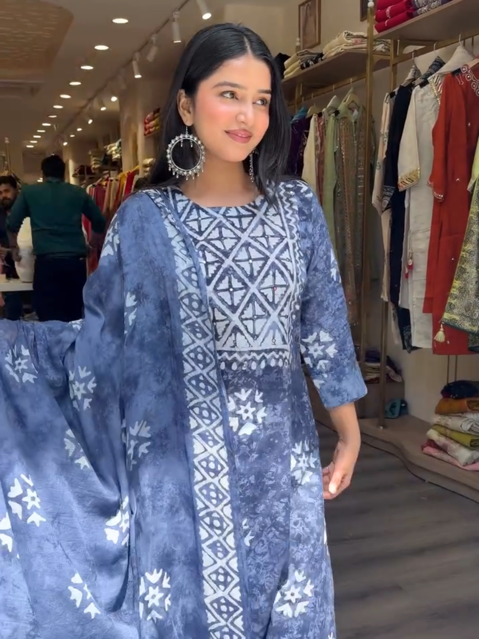 Blue Geometric Printed Kurta Set with Dupatta for Women | Trendy Ethnic Wear