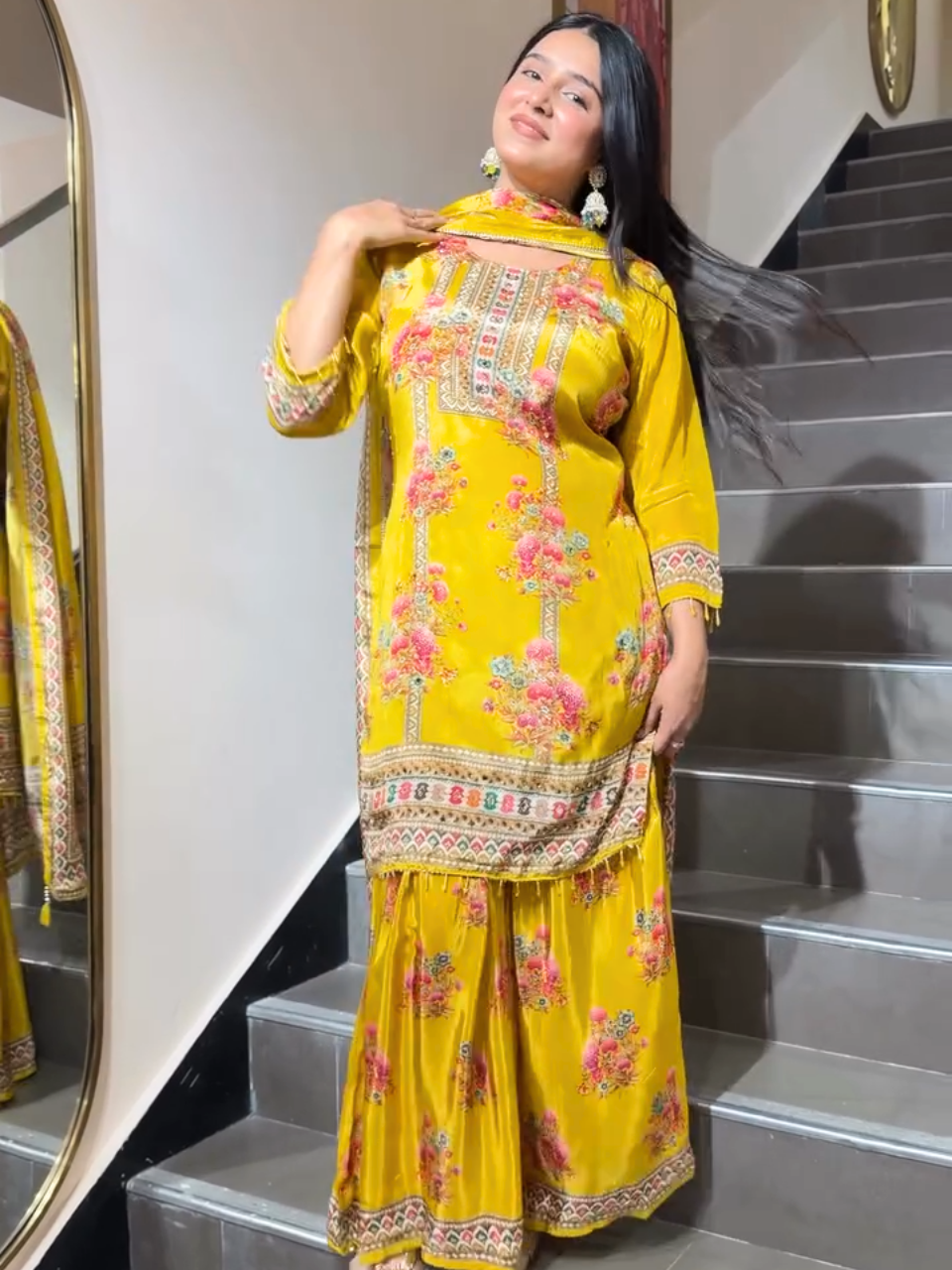 Mustard Yellow Floral Printed Sharara Suit Set with Dupatta for Women
