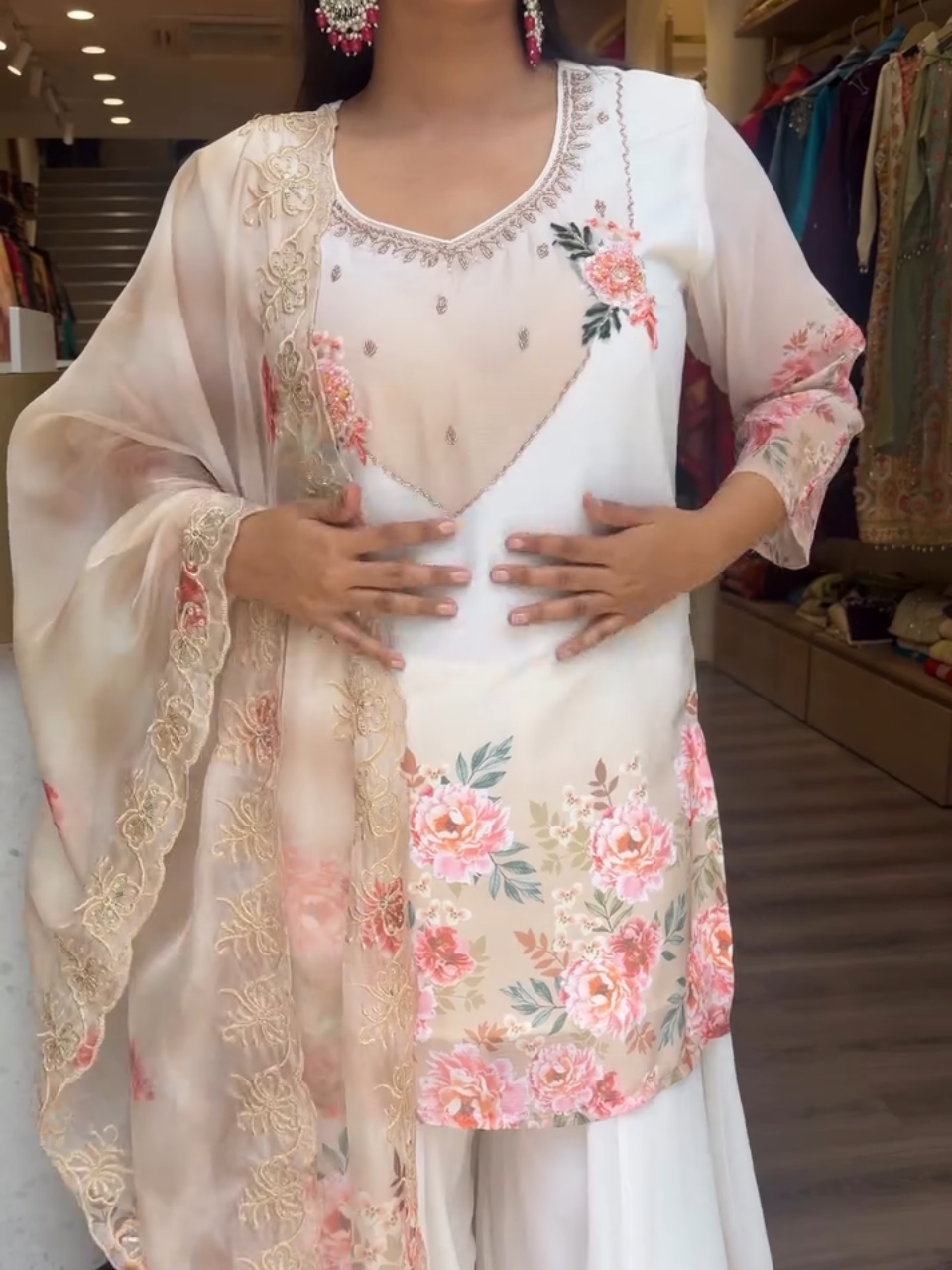 Elegant White Floral Printed Sharara Suit Set for Women