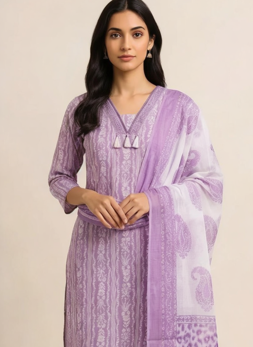 Lavender Printed Kurta Set with Dupatta for Women | Elegant Ethnic Kurti Pant Set | Festive & Office Wear