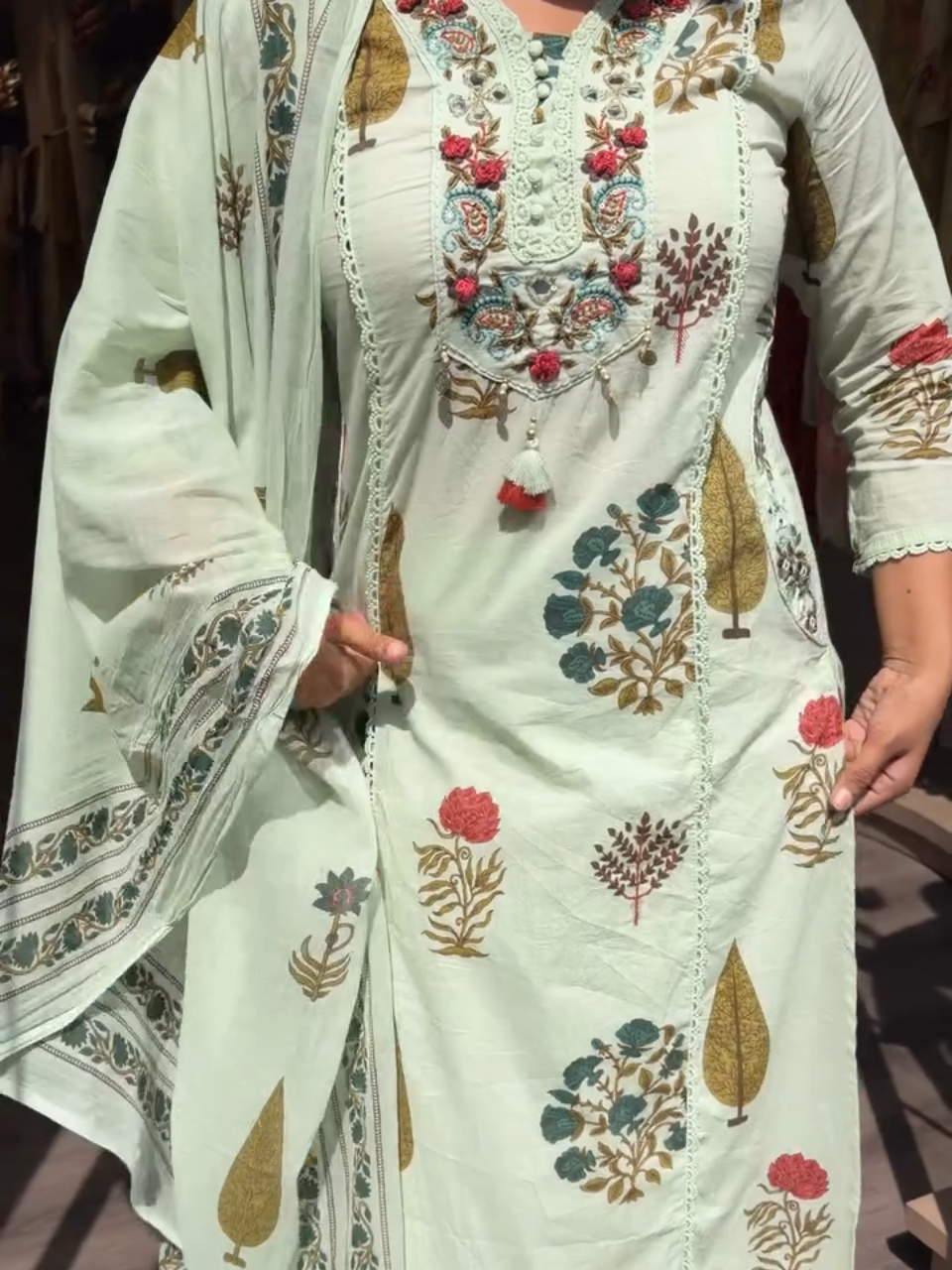 Elegant Sage Green Floral Printed Kurta Pant Set with Dupatta for Women