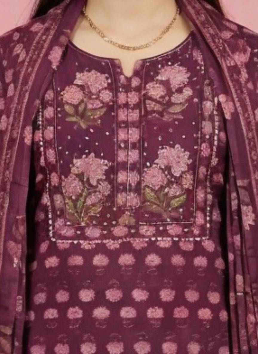 Women Maroon Printed Cotton Kurta Pant Dupatta Set