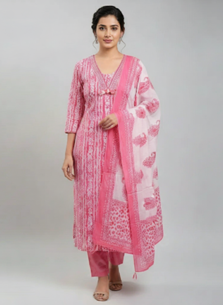 Pink Printed Kurta Set with Dupatta for Women | Ethnic Straight Kurti Pant Set | Festive & Office Wear Suit
