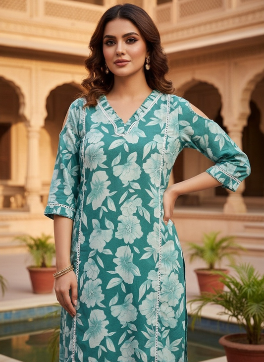Women’s Aqua Green Floral Cotton Co-ord Set – Kurti & Pant