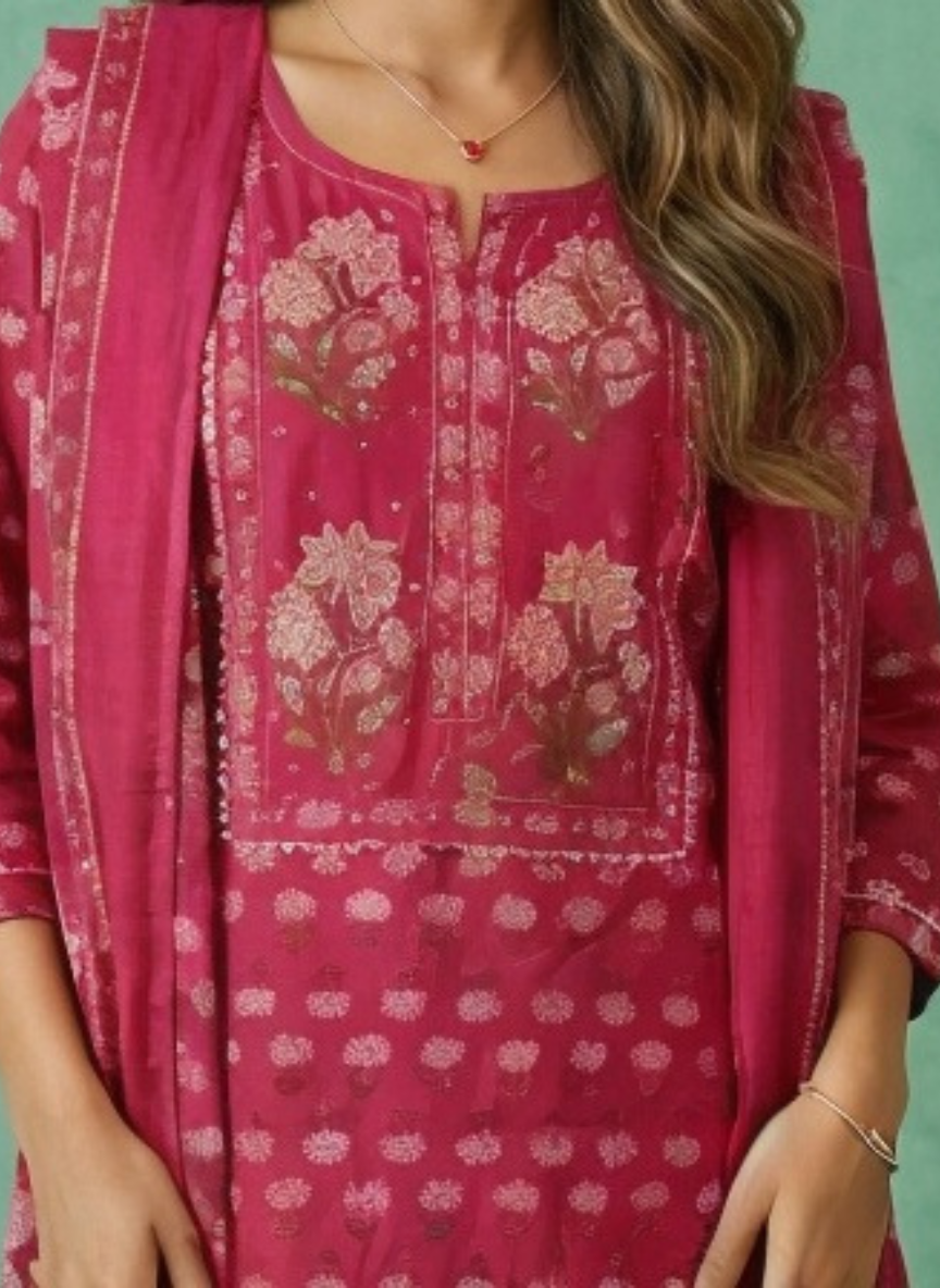 Women Rani Pink Printed Cotton Kurta Pant Dupatta Set