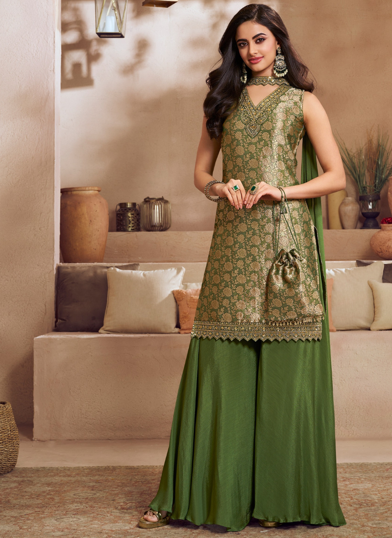 Elegant Olive Green Embroidered Sharara Suit 3 Piece Set for Women