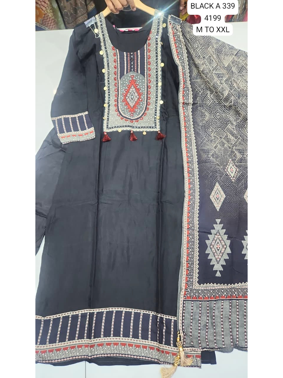 Black Tribal Printed Kurta Set with Dupatta for Women