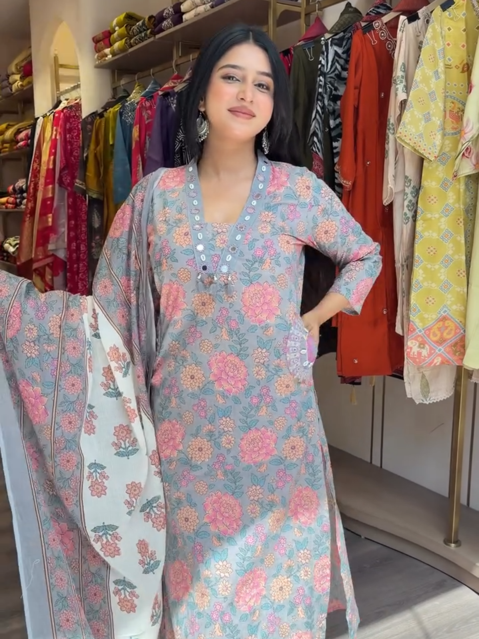 Pastel Grey Floral Printed Cotton Kurta Set with Dupatta for Women