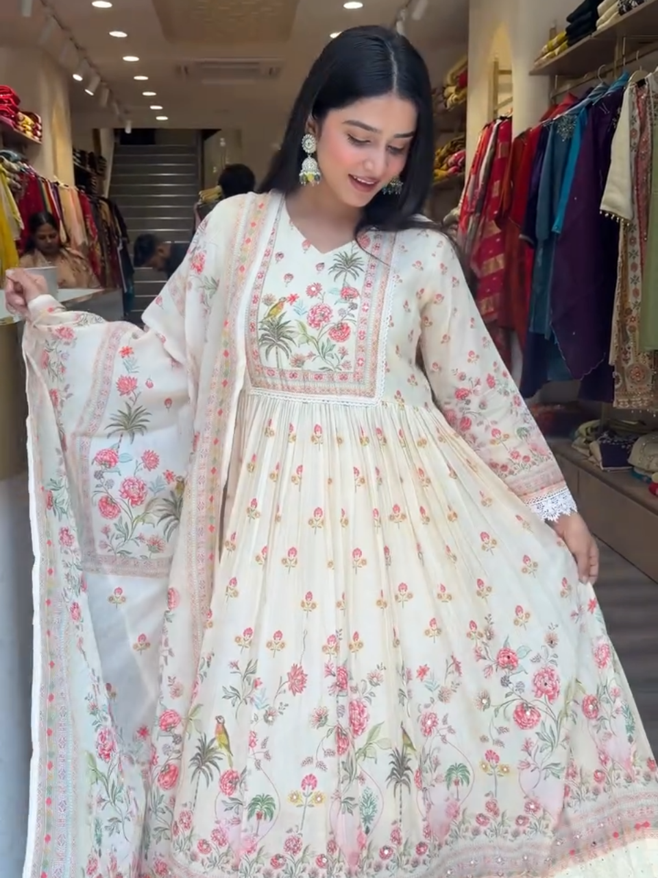 Elegant Floral Anarkali Suit with Dupatta for Women – Cream Pink Ethnic Wear