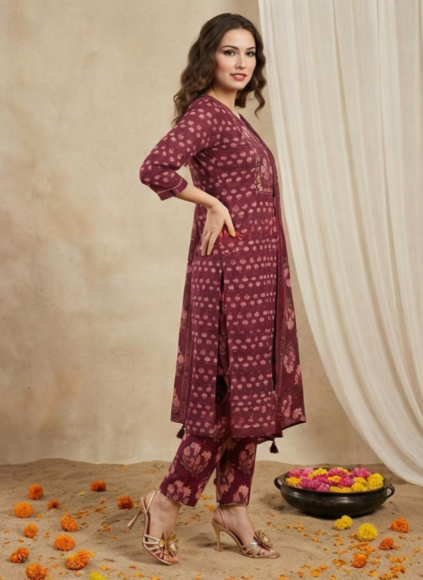Women Maroon Printed Cotton Kurta Pant Dupatta Set
