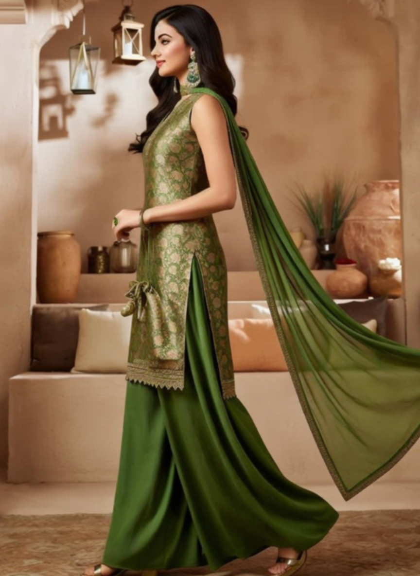 Elegant Olive Green Embroidered Sharara Suit 3 Piece Set for Women