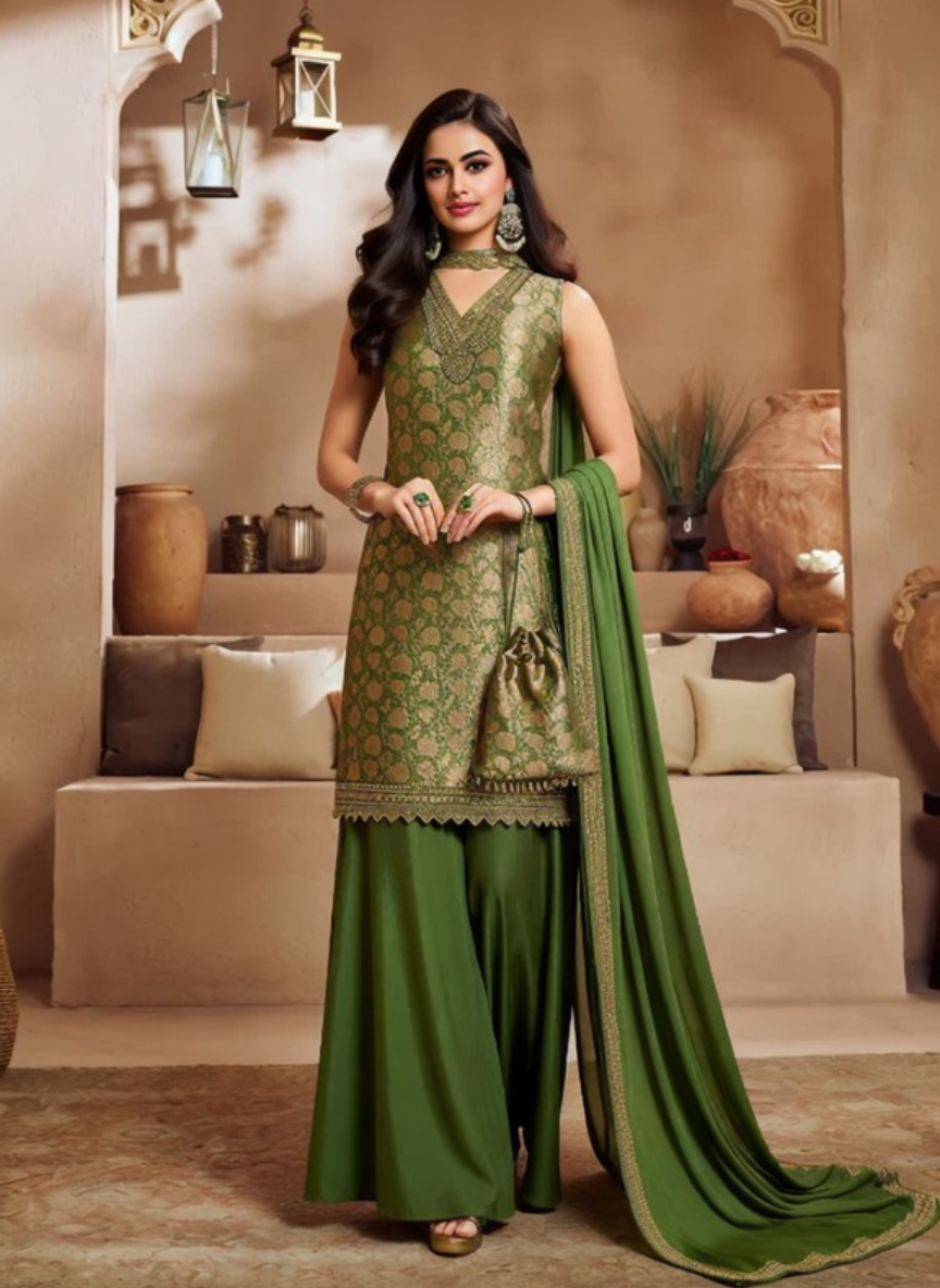Elegant Olive Green Embroidered Sharara Suit 3 Piece Set for Women
