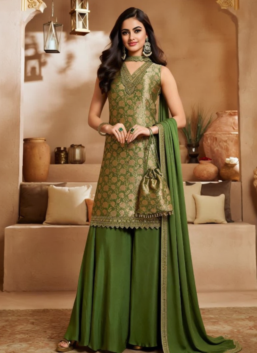 Elegant Olive Green Embroidered Sharara Suit 3 Piece Set for Women