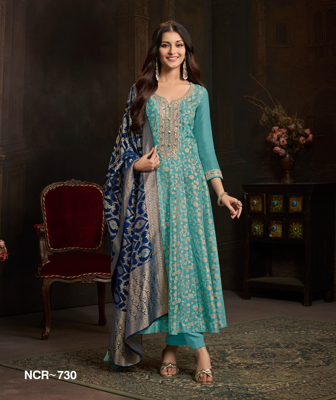 Sea Green Embroidered Anarkali Suit Set with Jacquard Dupatta – Women Festive Wear