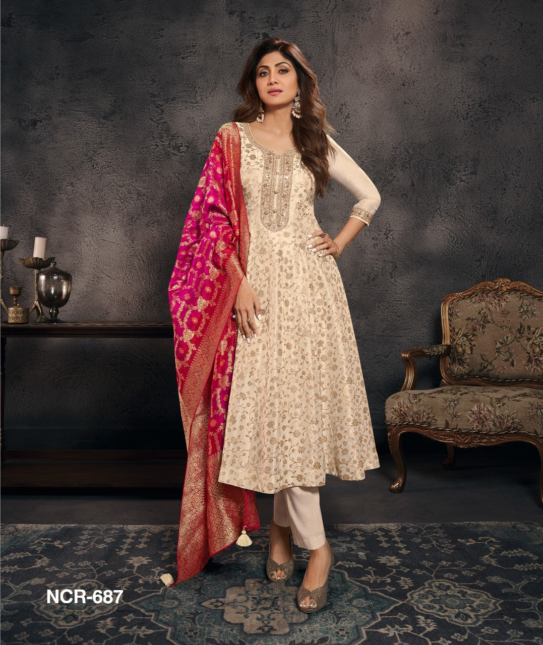 Cream Gold Printed Anarkali Suit Set with Pink Jacquard Dupatta – Women Festive Wear