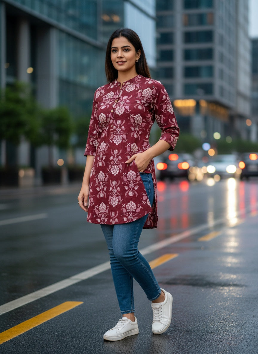 Casual maroon short kurti for office & festive wear
