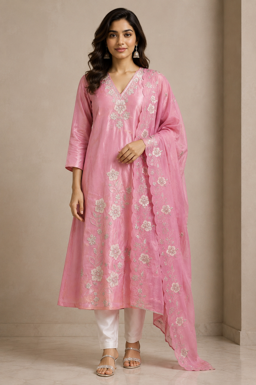 Pink Floral Embroidered Kurta Pant Set for Women | Elegant Daily Ethnic Wear