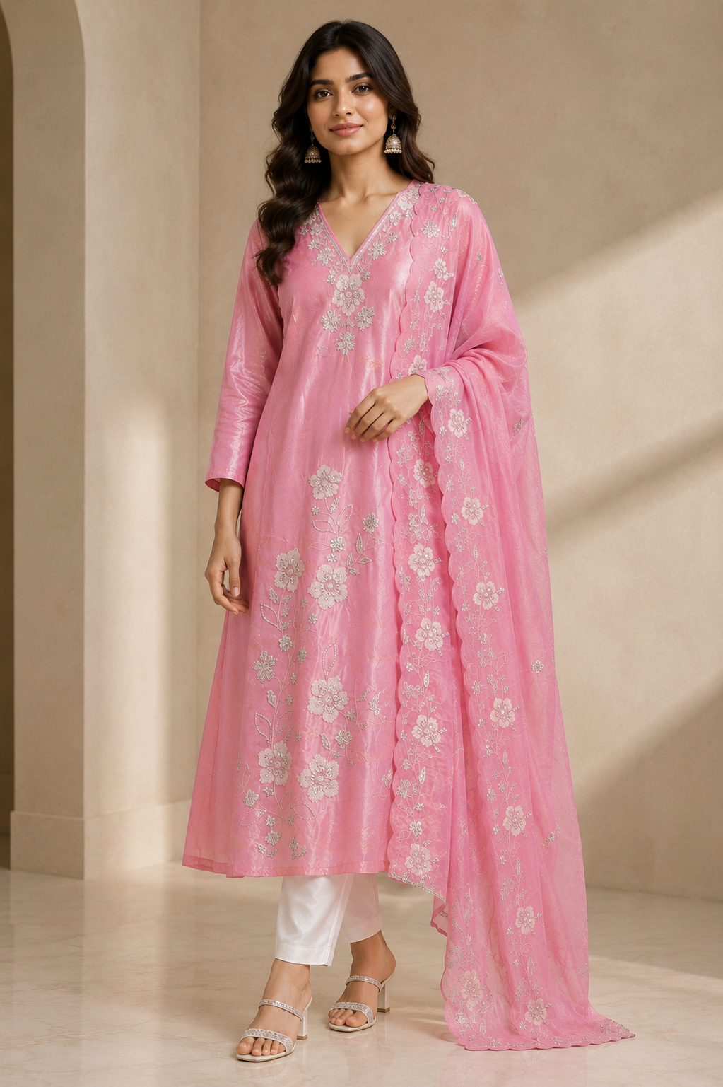 Pink Floral Embroidered Kurta Pant Set for Women | Elegant Daily Ethnic Wear