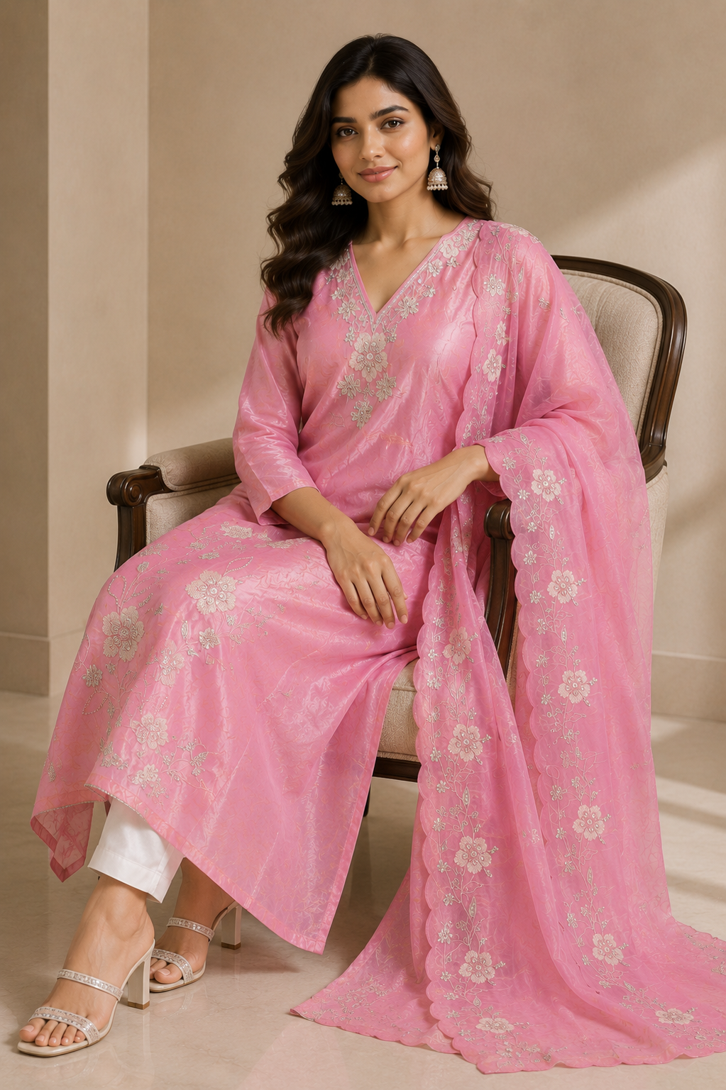 Pink Floral Embroidered Kurta Pant Set for Women | Elegant Daily Ethnic Wear