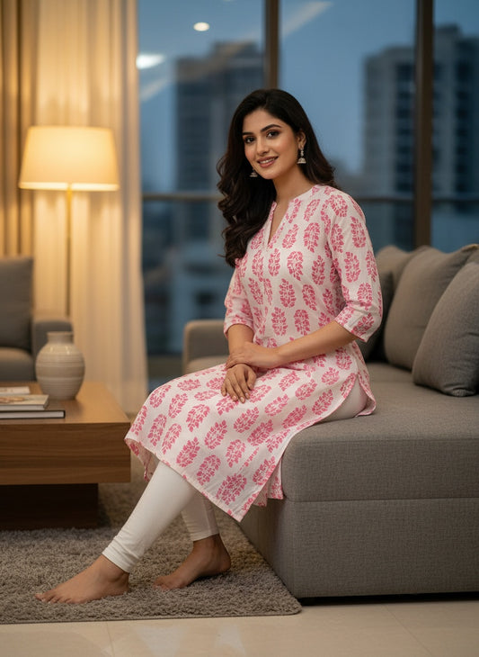 Close-up of block print pattern on white cotton kurti