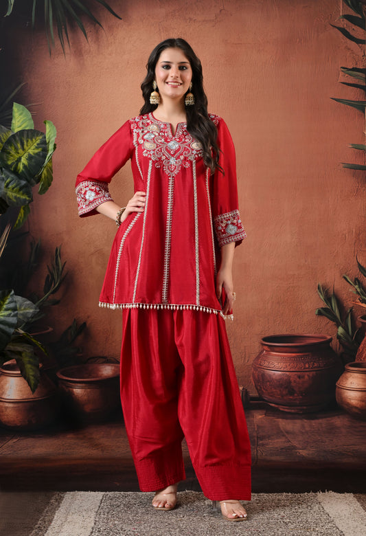 Royal Red Heavy Hand Embroidered Short Kurti with Salwar Set