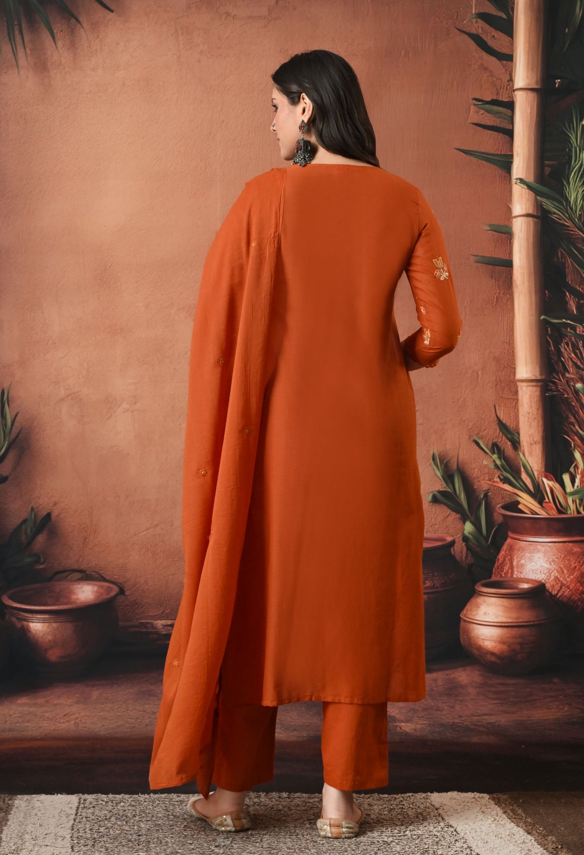 Rust Orange Silk Embroidered Straight Kurta Set with Dupatta