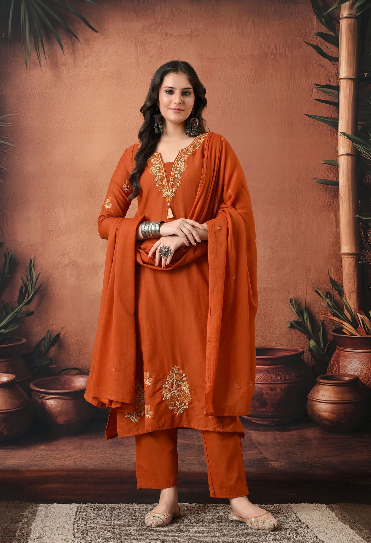 Rust Orange Silk Embroidered Straight Kurta Set with Dupatta