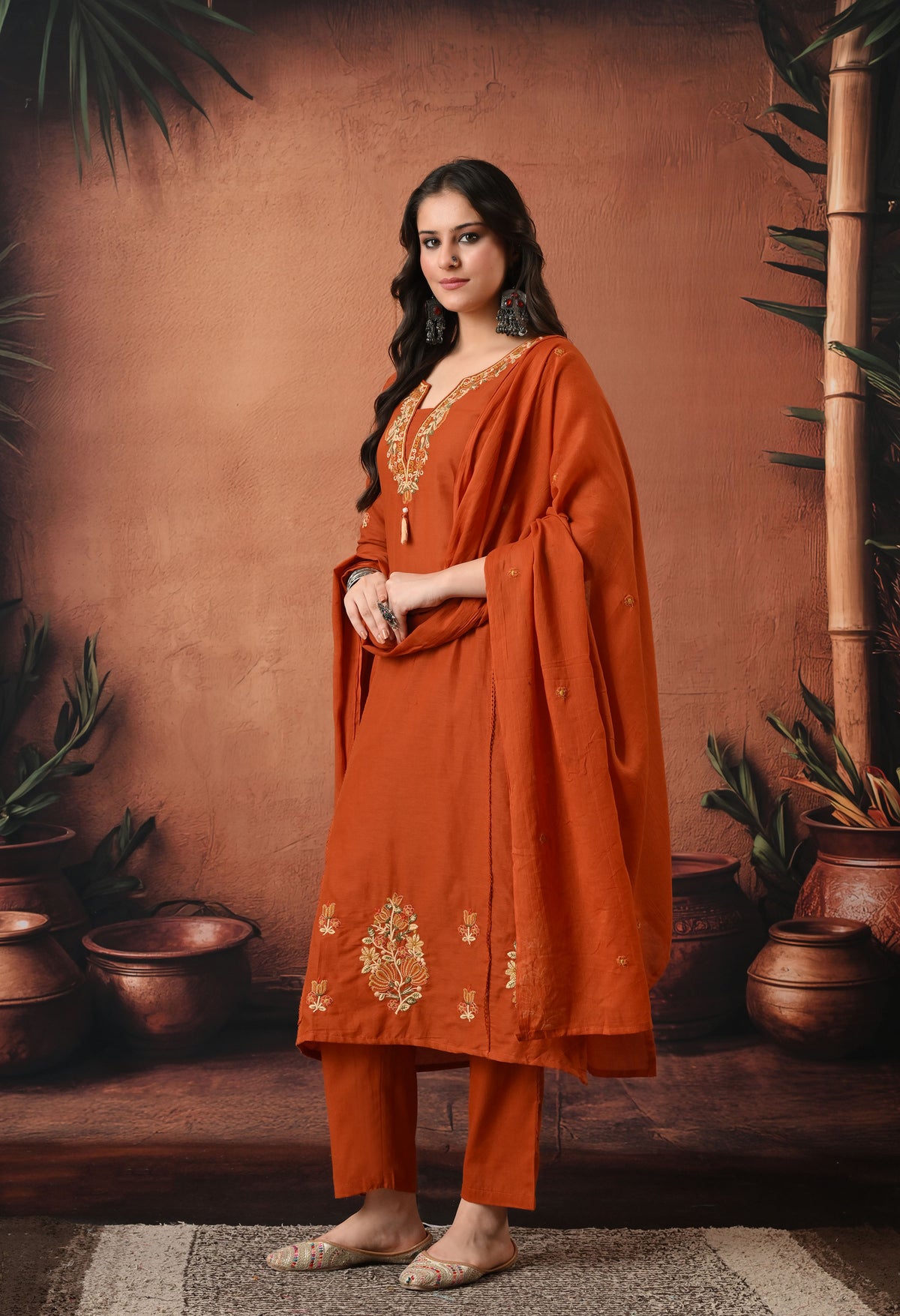 Rust Orange Silk Embroidered Straight Kurta Set with Dupatta