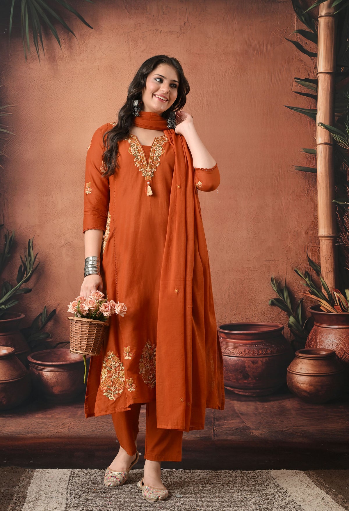 Rust Orange Silk Embroidered Straight Kurta Set with Dupatta