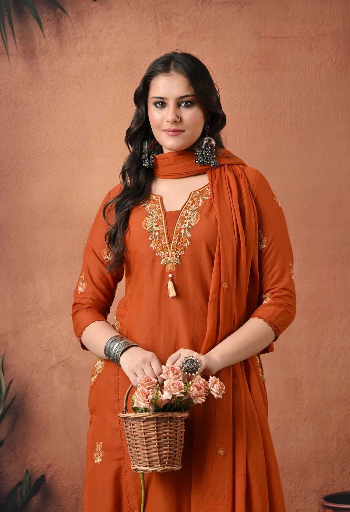 Rust Orange Silk Embroidered Straight Kurta Set with Dupatta