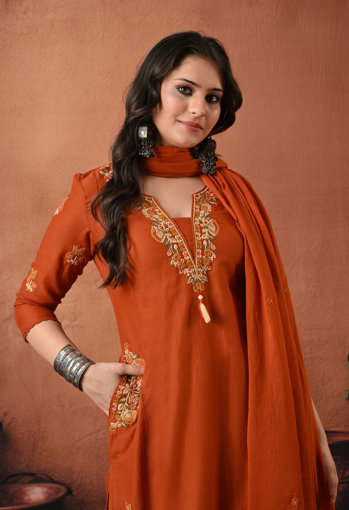 Rust Orange Silk Embroidered Straight Kurta Set with Dupatta