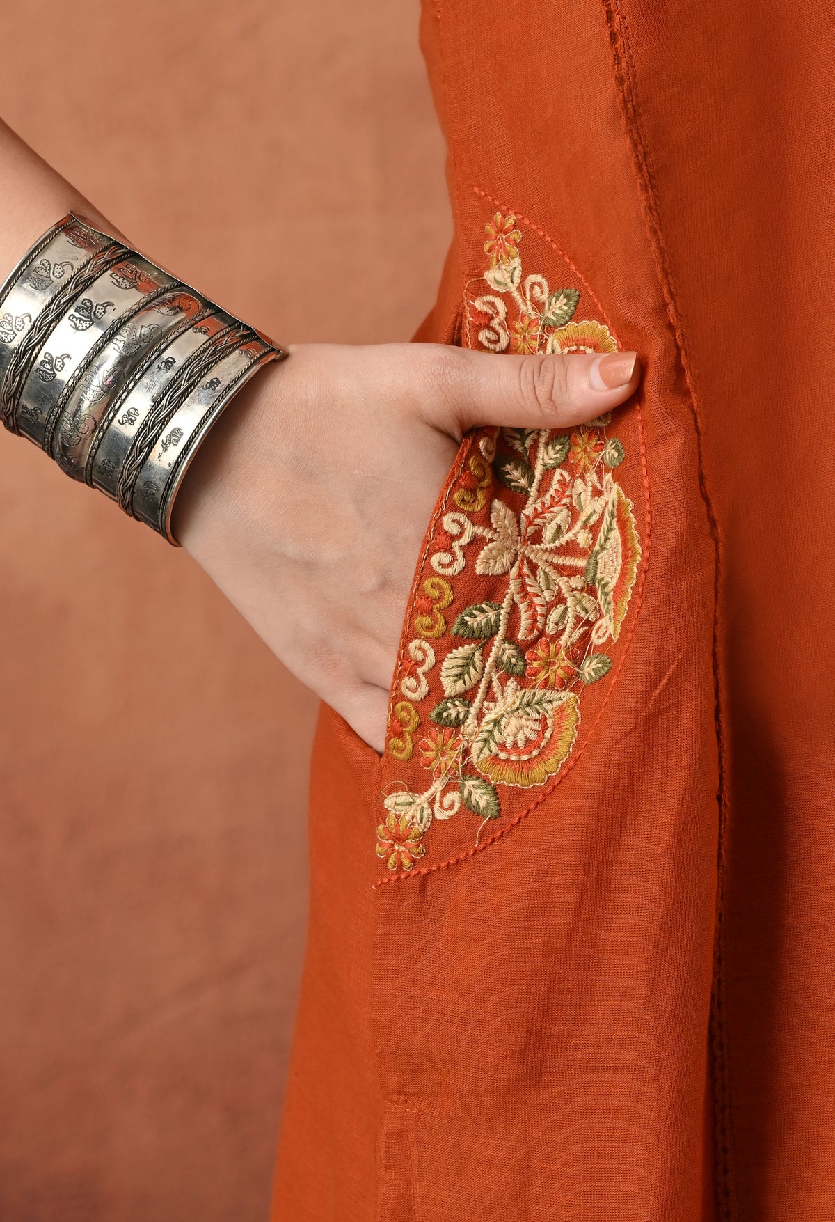 Rust Orange Silk Embroidered Straight Kurta Set with Dupatta