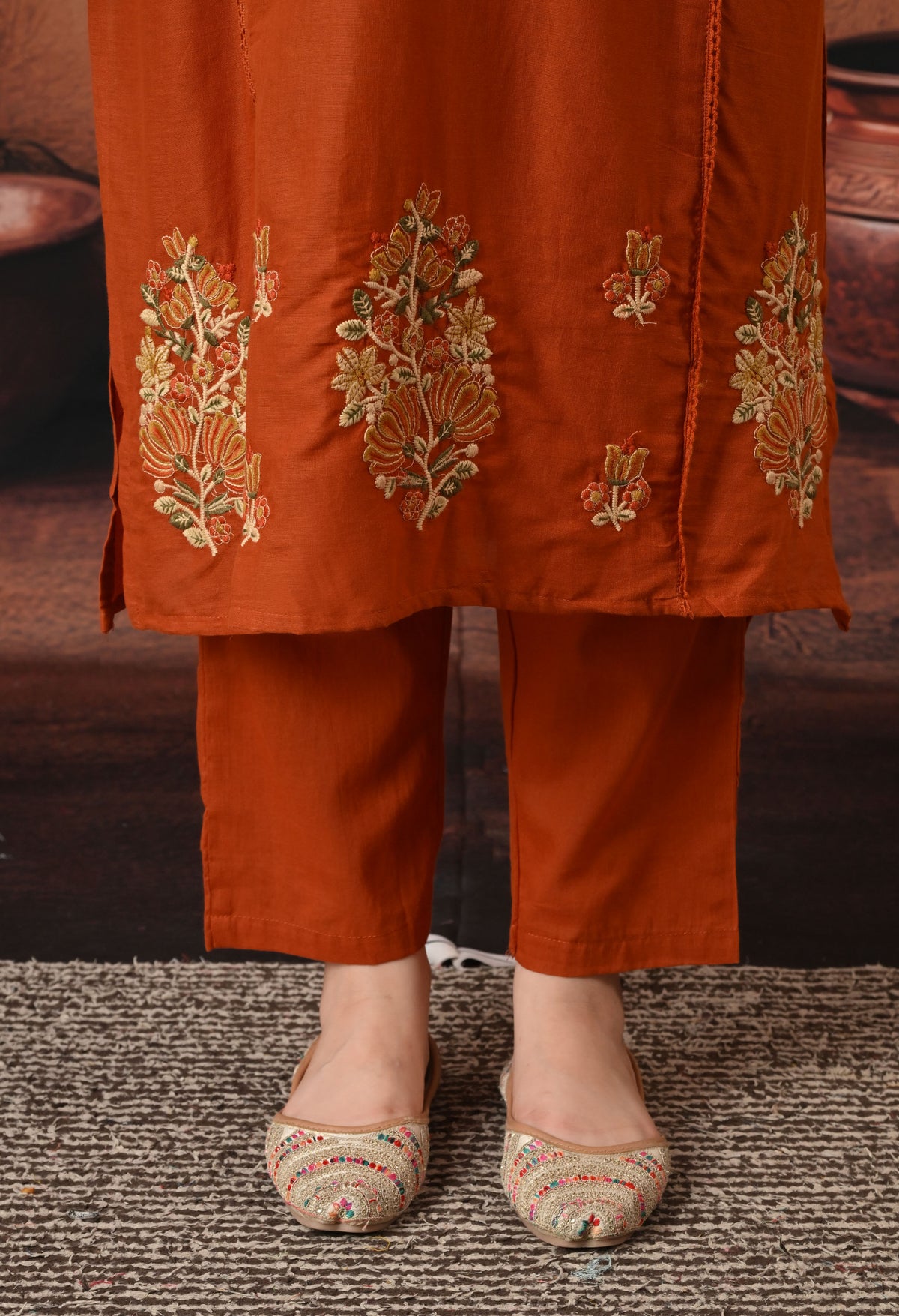 Rust Orange Silk Embroidered Straight Kurta Set with Dupatta