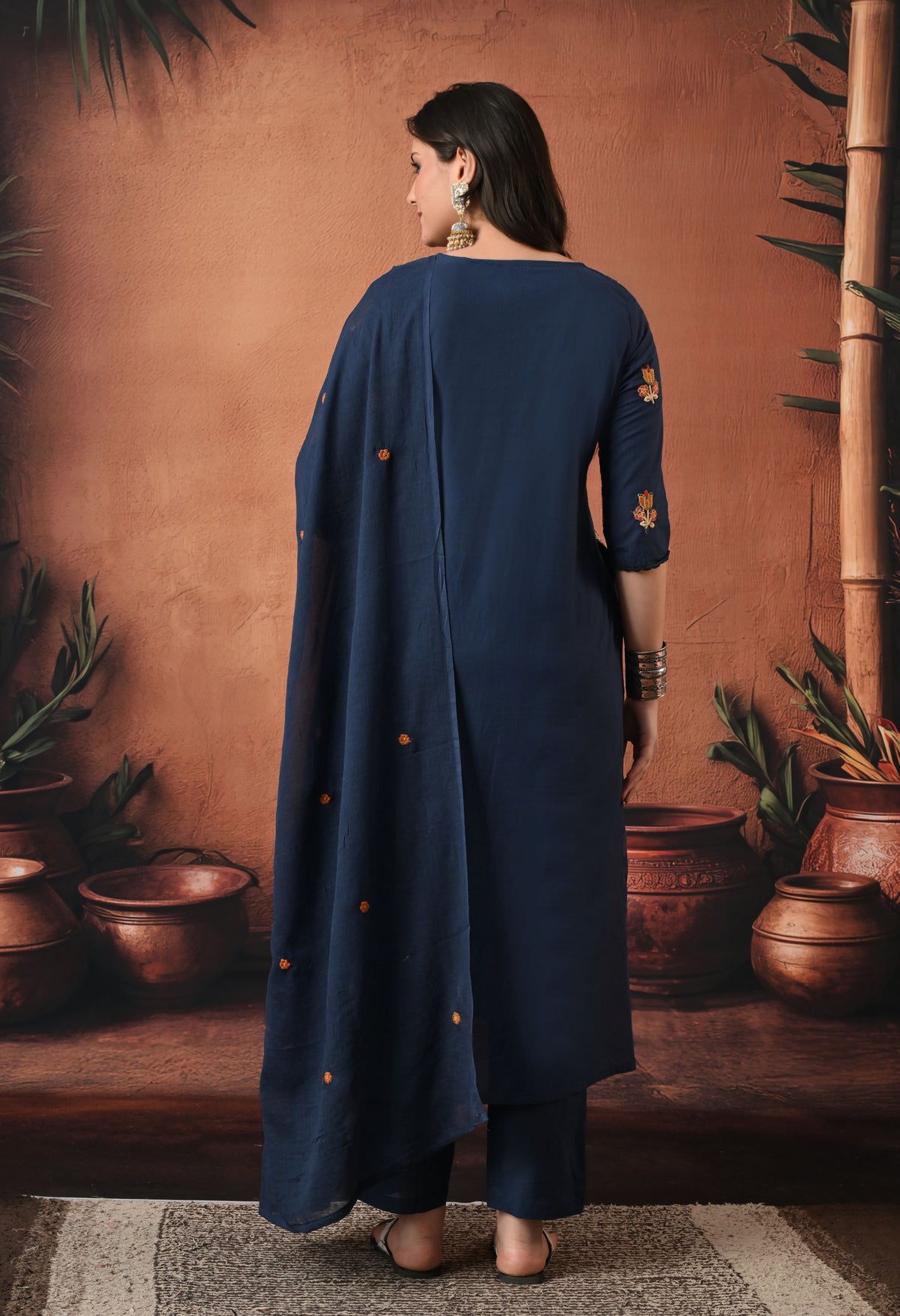 Navy Blue Silk Embroidered Straight Kurta Set with Dupatta