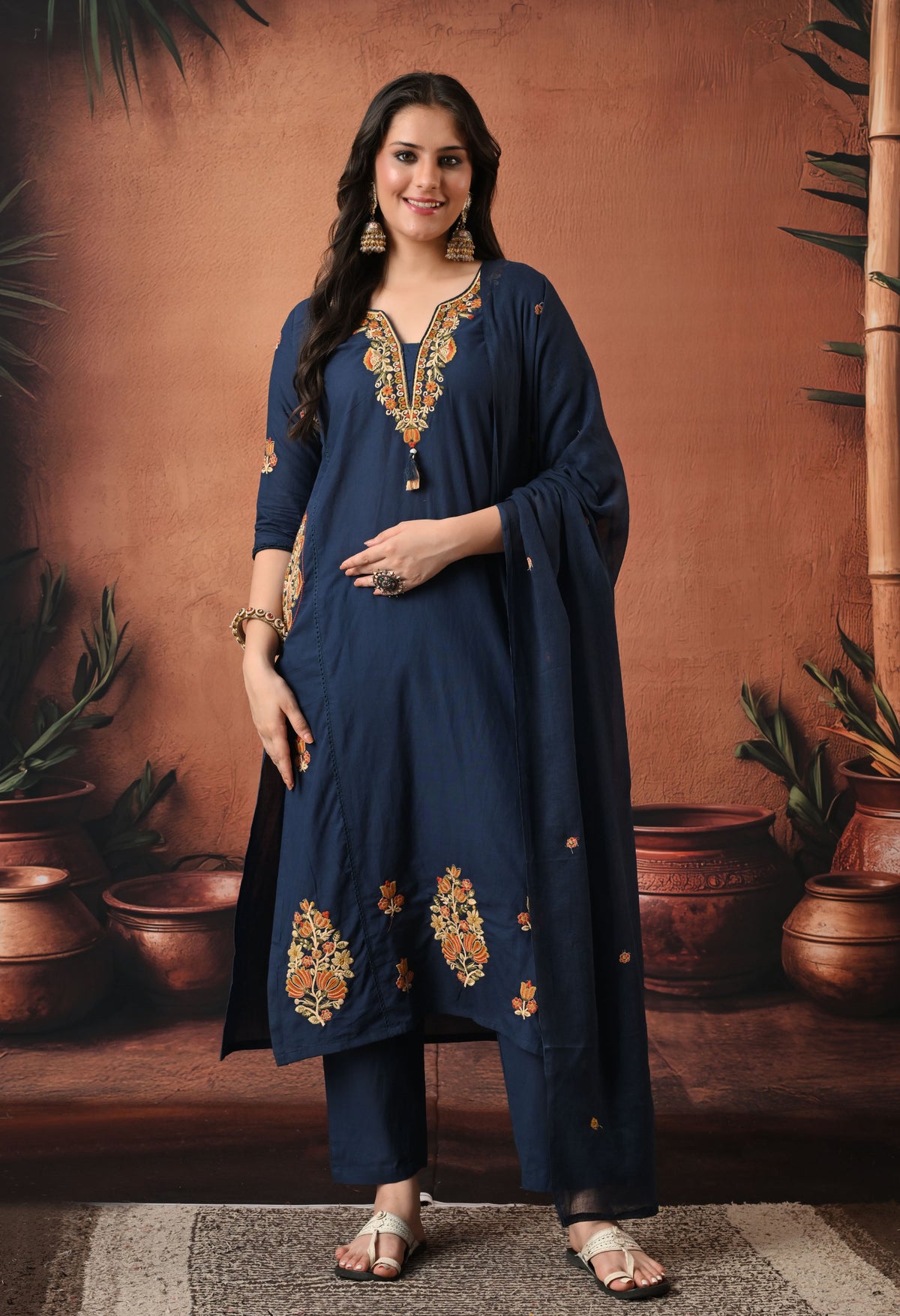 Navy Blue Silk Embroidered Straight Kurta Set with Dupatta